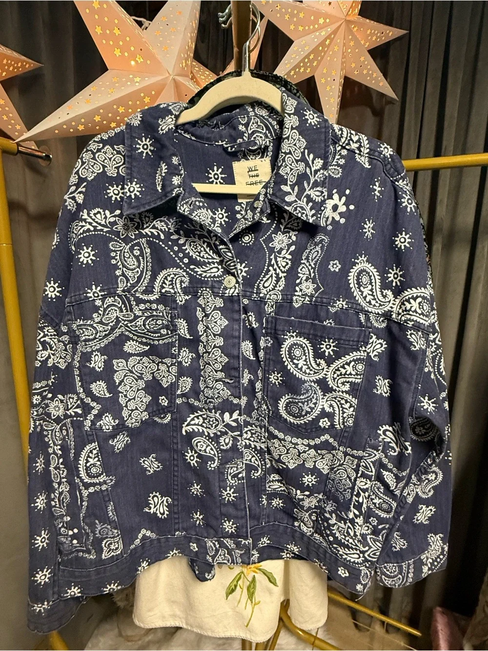 NWOT Free People We the Free Opal Swing Printed Denim Jacket- Navy Combo-Bandana - Picture 5 of 8